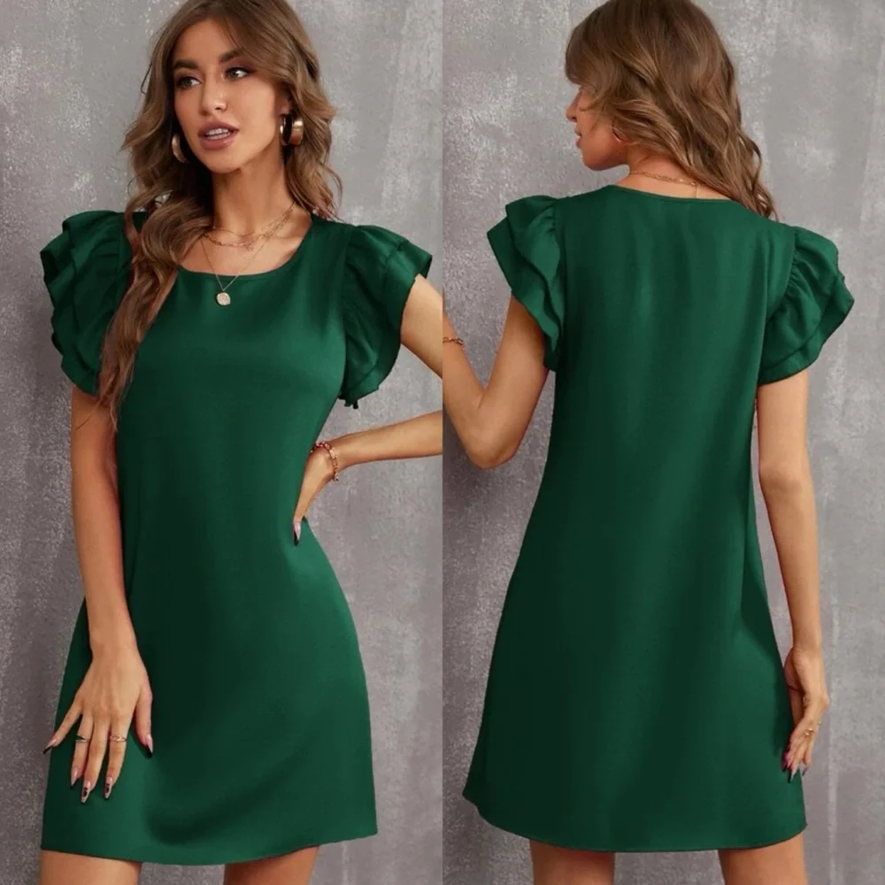 Ruffle frill layered short sleeve tunic dress business casual cocktail baby blue - Picture 9 of 11